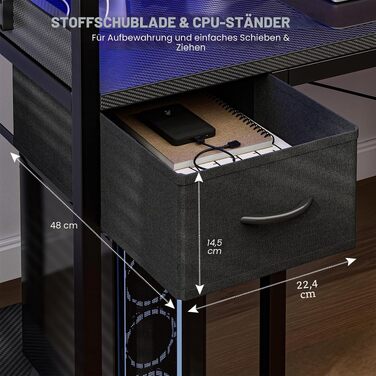 Ігровий стіл Grandder 120x50 см з LED-підсвіткою, розеткою, шухлядою та полицями, комп'ютерний стіл для геймерів та Homeoffice, чорний карбон