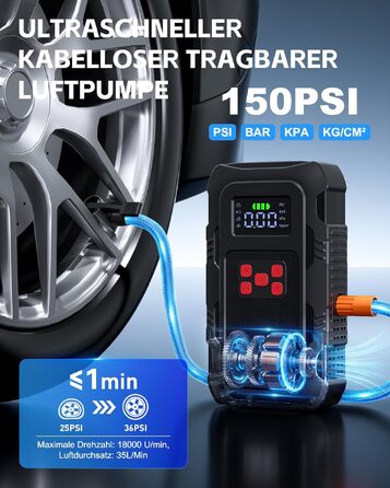 Пусковий інвертор Povasee Jump Starter 6000A з компресором 150 PSI, Powerbank для авто 12V, електричний насос та ліхтариком (Помаранчевий/Чорний/Червоний)