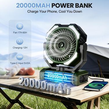 Вентилятор портативний Ateroll 20000 mAh з розпилювачем, USB, пульт, LED, гачок для підвішування – для кемпінгу, дому, тераси, подорожей (Зелений)