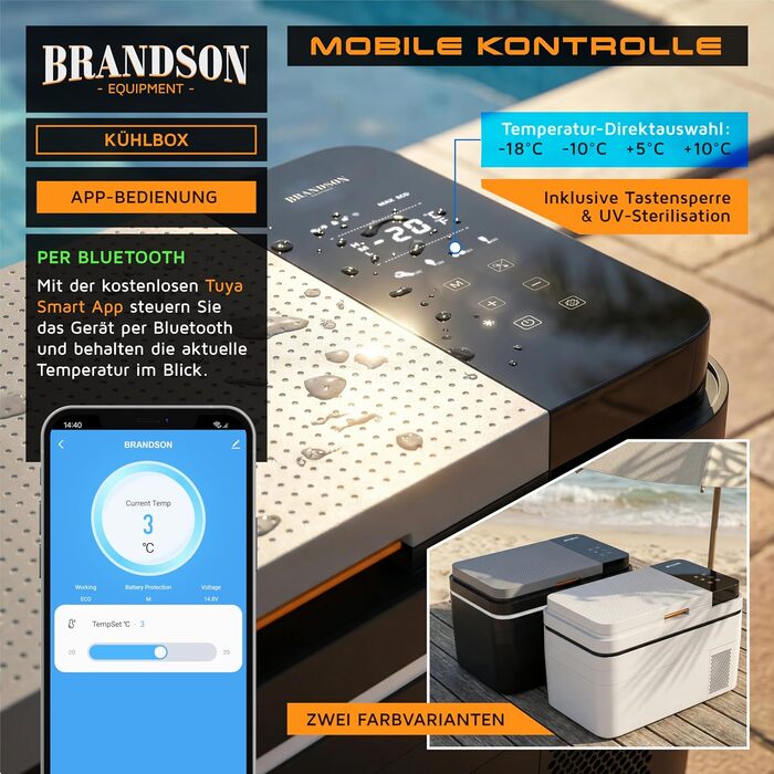 Автомобільний холодильник Brandson 30л з Bluetooth та Wi-Fi (Tuya Smart) - Електричний компресорний автохолодильник з функцією морозильника (-20°C), 12/24В та 230В, Еко-режим, для авто, кемпінгу, вантажівок - Білий