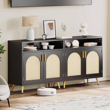 Сервант-комод YITAHOME чорний, кухонна шафа-буфет з ротанговими вставками, 80x35x75 см