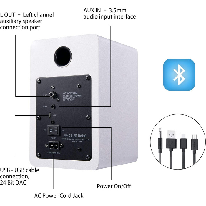 Активні Bluetooth-колонки Sanyun SW208 (пара, білі) — 3-дюймові вуглецеві динаміки 60 Вт, 24-бітний DAC, 3D-звук для ПК та монітора