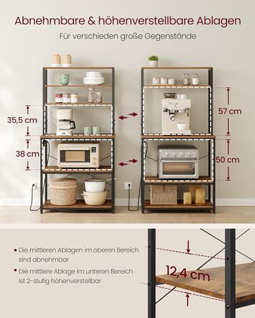 Стелаж кухонний VASAGLE з розетками, 6 полиць, гачки, сталевий каркас, 40 x 80 x 167 см, вінтажний коричневий + чорний, KKS119K06 80B cm