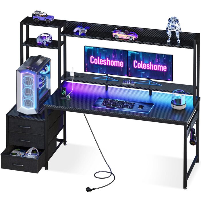 Ігровий стіл Coleshome з полицями та шухлядами, 161×48 см, з LED-підсвіткою, розеткою та підставкою для монітора, вуглецеве волокно (Carbon Fiber), чорний