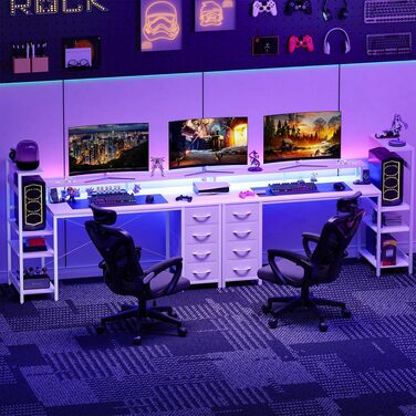 Ігровий стіл YOUDENOVA 150x50 см з LED-підсвіткою, розеткою та шухлядами, стільниця з карбону, білий