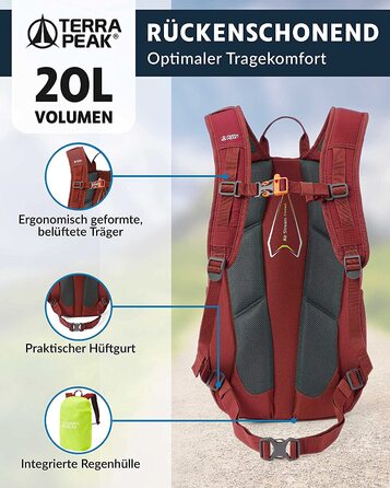 Рюкзак для туризму Terra Peak Flex 20 л, преміум, з вентиляцією спини, питною системою та дощовиком, темно-червоний, поліестер 3D Air Mesh, з поясним ременем