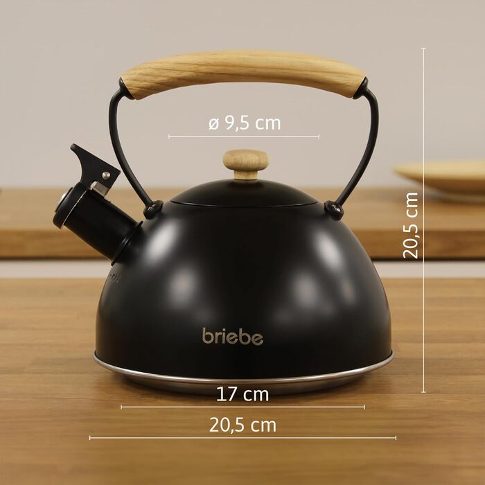 Тостер Briebe Nordic на 2 тости з широкими слотами та підставкою для булочок, 6 рівнів підсмажування + Електричний чайник індукційний 2.3л, нержавіюча сталь, BPA-free, Набір для сніданку в скандинавському стилі (Чорний)