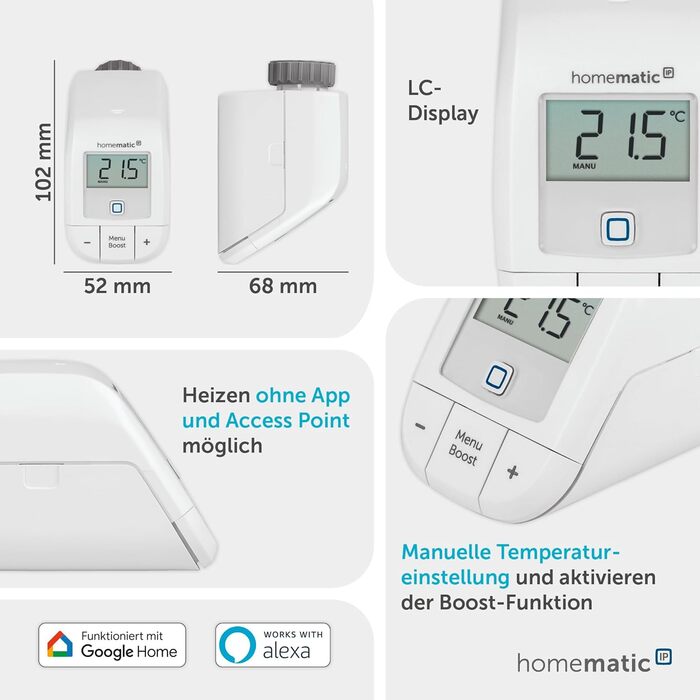 Homematic IP Термостат на радіатор Basic – Розумний дім, цифровий термостат для опалення, керування через додаток, сумісний з Alexa та Google Home, проста установка, економія енергії, 153412A3
