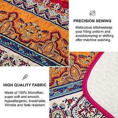 Постільна покривало WONGS BEDDING Boho 3-предметний комплект (220x240 см) з 2 наволочками 50x70 см, стібана ковдра з мікрофібри для спальні та дивана, Беміс