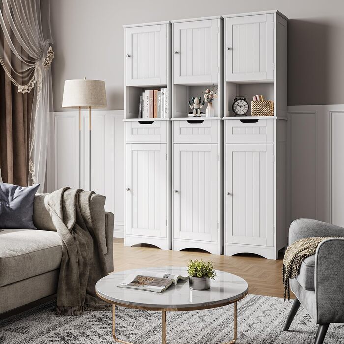 Висока шафа для ванної Bealife 170x40x30 см, біла, з регульованими полицями, відкритою нішею, шухлядою та дверцятами для ванної кімнати, вітальні, спальні