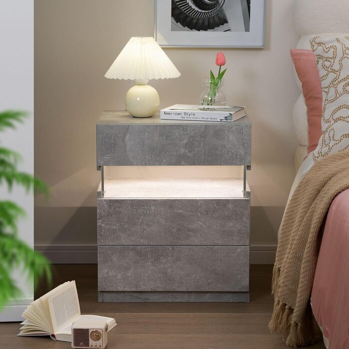 Тумбочка Cubehom з шухлядою і LED-підсвіткою, мармурова біла, дерев'яна, приліжкова тумба для спальні