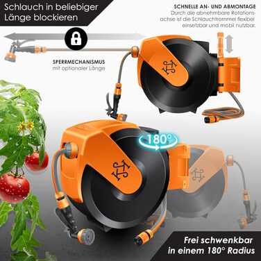 Шланг садовий KESSER® на котушці 35м з настінним кріпленням, поворотний 180°, автоматичне скручування, чорно-помаранчевий, з душем 7 функцій