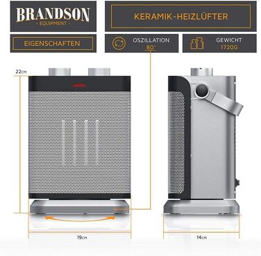 Тепловий обдув Brandson: електричний обігрівач з осциляцією, 1800 Вт, 2 рівні потужності, регулювання температури та захистом від перегріву
