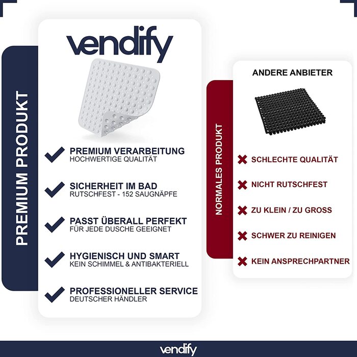 Vendify® Преміум килимок для душу 53x53 см, протиковзкий, квадратний, 152 присоски, для ванни та душової, без BPA, стійкий до цвілі, машинне прання, сірий