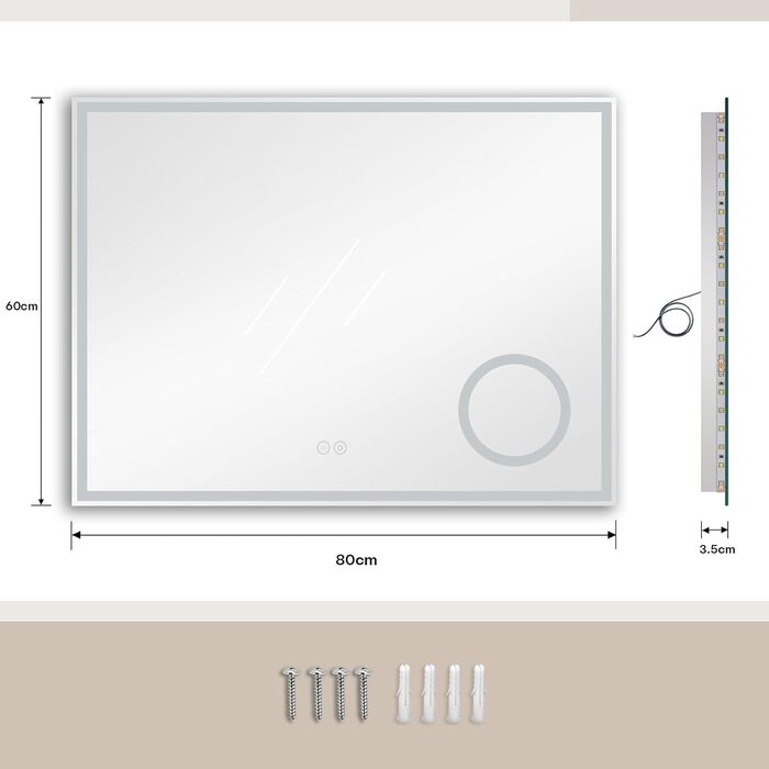 Дзеркало для ванної кімнати з LED-підсвічуванням Dripex, 50x70 см, сенсорне керування, антизапар, холодне біле світло 6400K, енергозберігаюче