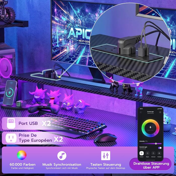 Ігровий стіл APICIZON 150 см з поличкою, підставкою під монітор та RGB-підсвіткою, чорний. Комп'ютерний стіл з USB, тримачем для навушників та підставки для чашки, карбоновий дизайн