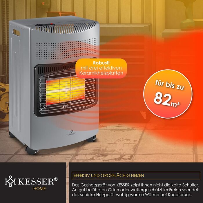 Газовий обігрівач KESSER® 4200W з керамічним нагрівачем, газовий опалювач, інфрачервовий нагрівач з бутаном/пропаном (до 15кг), сірий, з регулятором тиску, шлангом та захисним кожухом (Газовий балон не входить у комплект)