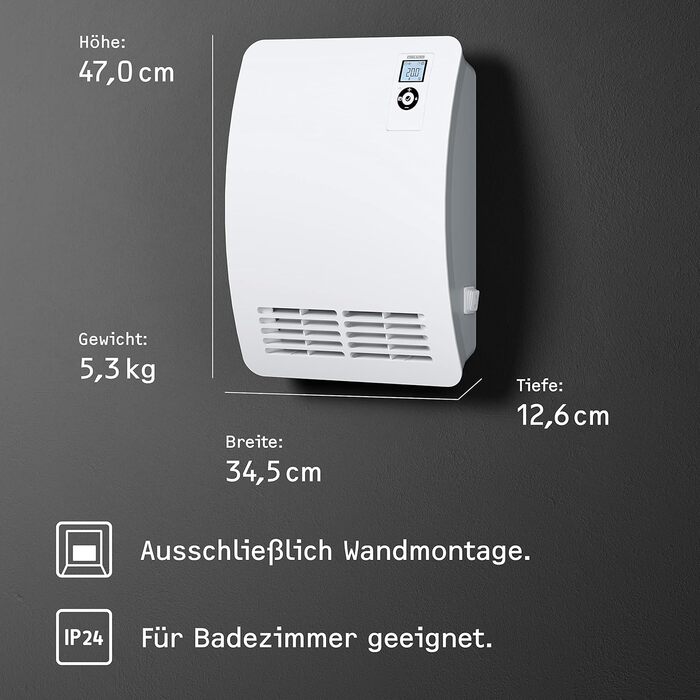 Електричний конвектор STIEBEL ELTRON CK 20 Premium, 2 кВт, для 25 м², VDE, LC-дисплей, тижневий таймер, 120 хв таймер, безшумний режим, енергоощадний обігрівач для ванної