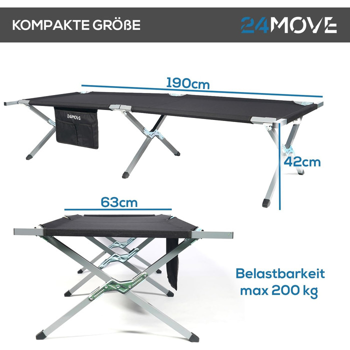 Розкладне кемпінгове ліжко 24MOVE® для відпочинку на природі та вдома, витримує до 200 кг, 210x72x45 см, чорне, з сумкою для транспортування