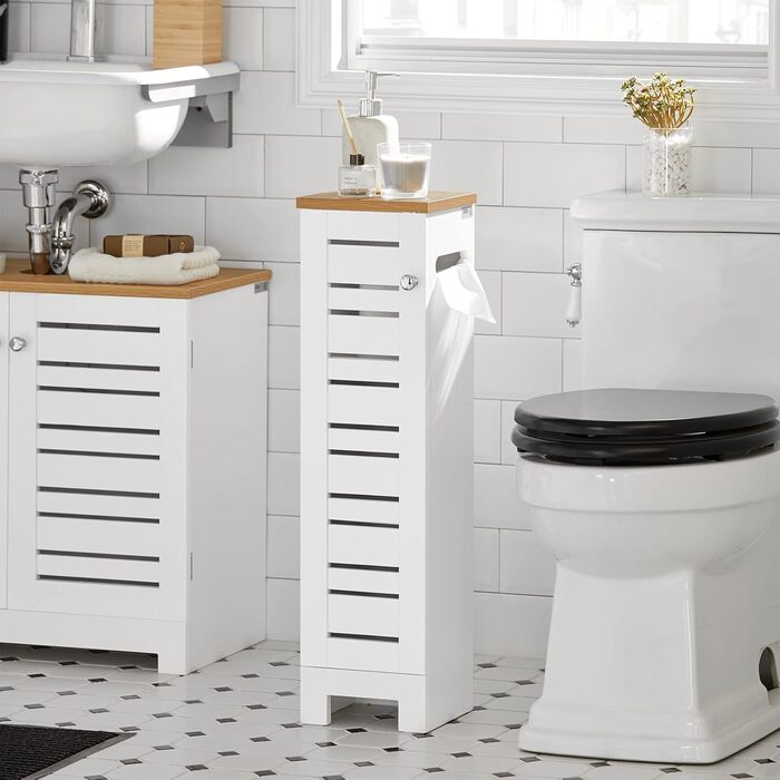 SoBuy BZR85-W підлогова шафа для ванної, тримач для туалетного паперу, білий/натуральний, 20x75x18 см – органайзер для зберігання, туалетна шафа, меблі для ванної кімнати