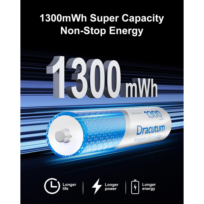 Набір акумуляторів AAA Li-ion 1.5V (8 шт) з зарядним пристроєм, 1300mWh, висока ємність, 2000 циклів зарядки та кейсом для зберігання