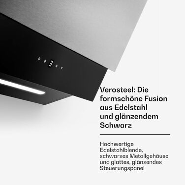 Витяжка кухонна Klarstein Verosteel 60 см, сталь та скло, продуктивність 624 м³/h, клас енергоефективності A++, сенсорне керування, LED-підсвітка