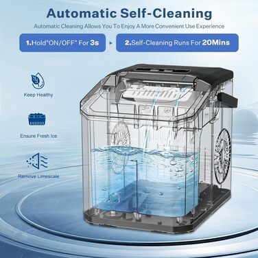Льодогенератор Ice Cube Maker 12 кг/24 год, швидке виробництво льоду (6-8 хв), 2 розміри кубиків, самоочищення, чорний - для дому, офісу, бару