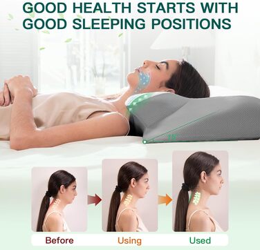 Подушка для шиї з піни Memory Foam 2-в-1, ергономічна, 60x40x12/14 см, сіра - для сну на спині, боці та животі