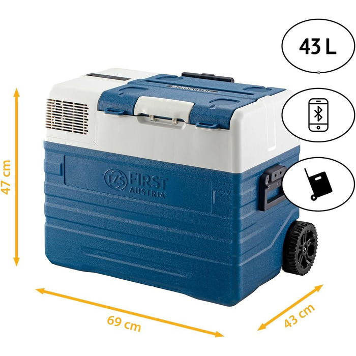 Автомобільний холодильник First Austria 43L з Bluetooth, -20°C, 12/24V/220V - блакитно-сірий