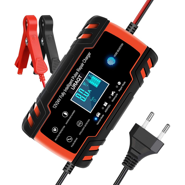 Зарядний пристрій для акумулятора URAQT 8A: 12V/24V, розумний, автоматичний, з LCD, для авто, вантажівок, мотоциклів, човнів