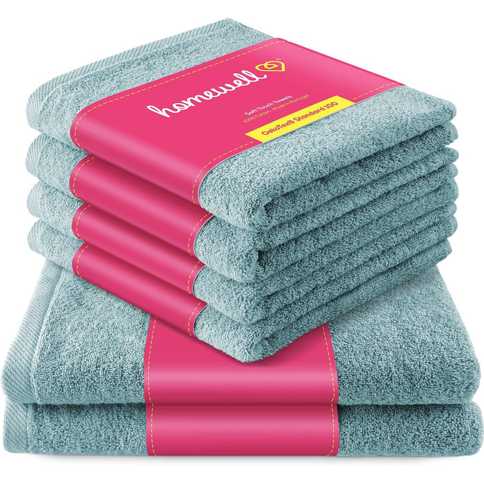 Набір рушників Homewell – м’які та поглинаючі, 100% бавовна, сертифікат Oeko-Tex 100, 2 банних + 4 для рук, бірюзові