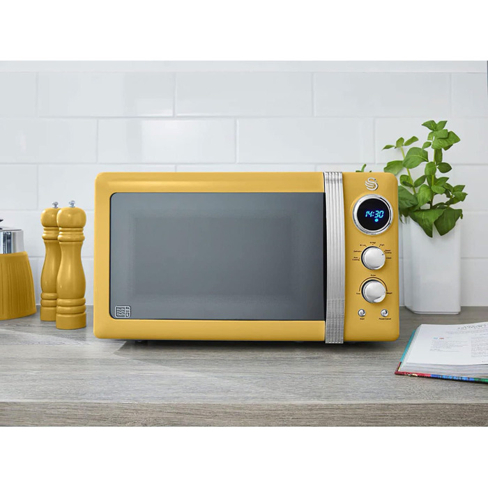 Мікрохвильова піч Swan Retro 20 л, 800 Вт, жовта, цифрова, 5 режимів, розморожування, таймер 60 хв, дзеркальні дверцята, вінтажний дизайн
