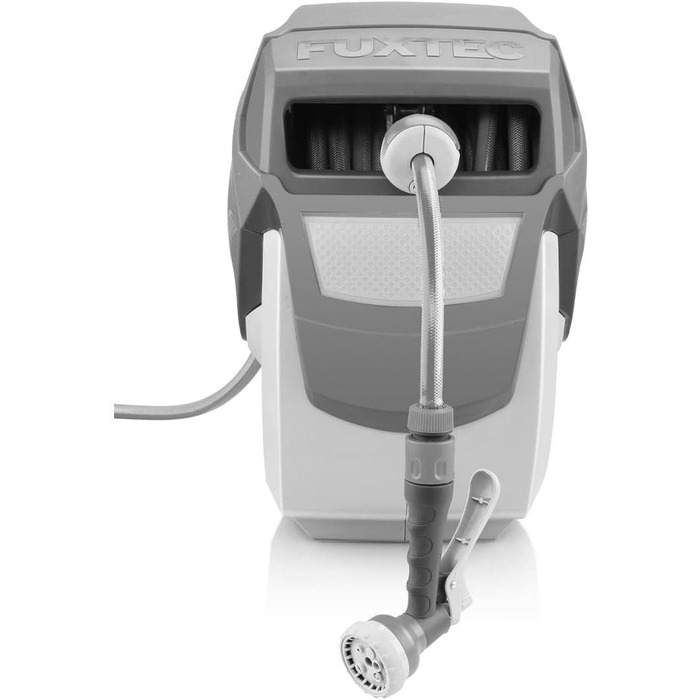 Автоматичний шланг Fuxtec FX-WSA30 – 30 м, ½ дюйма, для саду, з ручною лійкою та з'єднувачами, поворотний на 180°, настінний шланг-обойник (65x29x46 см)