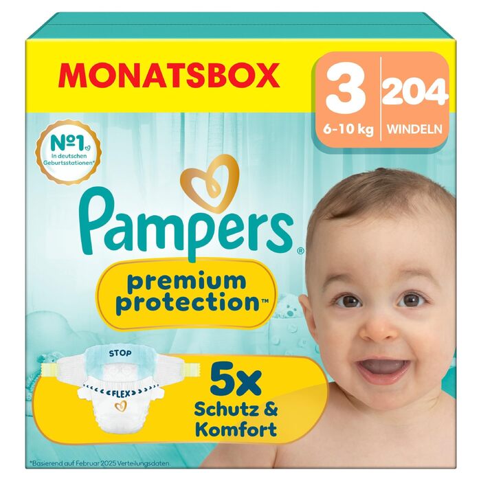 Підгузки Pampers Premium Protection розмір 3 (6-10 кг), упаковка 204 шт, преміум-захист від протікань та догляд за шкірою