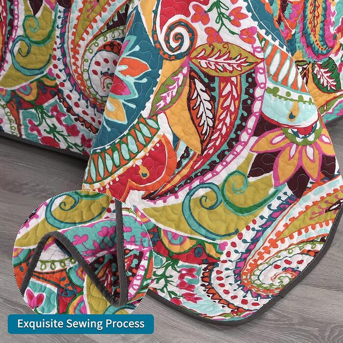 Покривало Qucover Boho 230x250 см з наволочками, бавовняне, кольорове стьобане для двоспального ліжка, стиль Пейслі