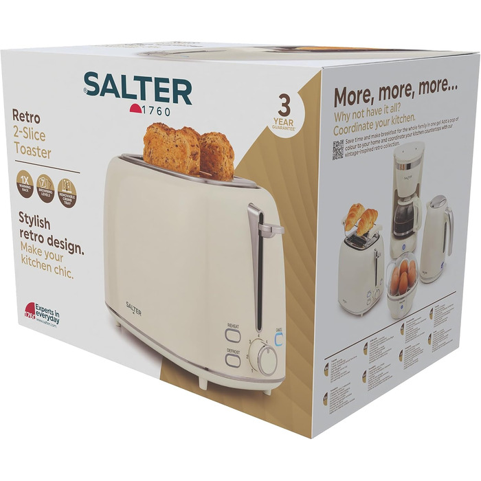 Тостер Salter Retro Creme на 2 тости - 7 режимів підсмажування, розморожування, підігрів, зупинка, підйом тостів, знімний піддон для крихт, автоматичне центрування, тримач для булочок, захист від застрягання, 930 Вт