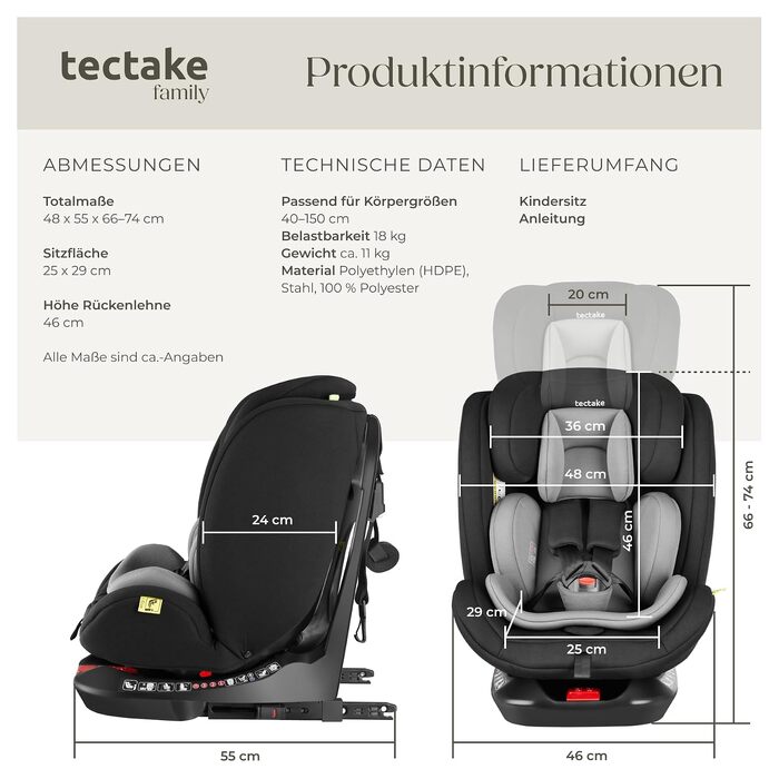 Дитяче автокрісло tectake® поворотне на 360°, i-Size, кріплення ISOFIX, до 150 см