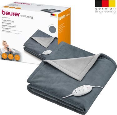 Електрична грілка Beurer HD 75, 180x130 см, 6 режимів, темно-сіра, машинне прання, автоматичне вимкнення, безпечна, м'яка плед-грілка