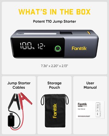 Бустер-старт-пауербанк Fanttik Potent T10 1800A 12000mAh, пусковий пристрій для авто 12V (бензин до 7.0L, дизель до 5.0L) з вбудованим кабелем