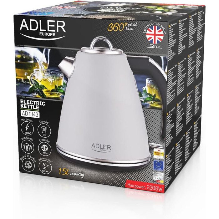 Електрочайник Adler AD 1343, 1.5 л, 2200 Вт, металевий, ретро дизайн, Strix захист, індикатор рівня води, корпус з нержавіючої сталі, 360° база, сірий