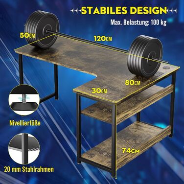 Ігровий стіл COMHOMA з розеткою 120 x 80 см, кутовий стіл з USB-зарядкою та полицею, комп'ютерний стіл L-подібної форми, стіл для офісу/дому, коричневий