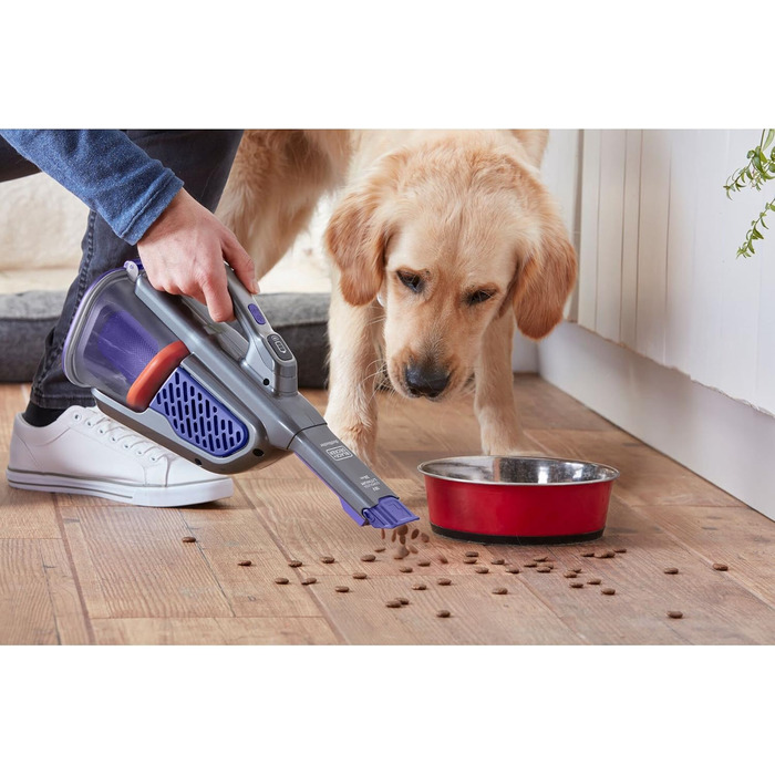 Акумуляторний ручний пилосос BLACK+DECKER 18В 36Вт Dustbuster з технологією smarttech, циклонною системою, висувною щілинною насадкою, щіткою для шерсті тварин, настінною зарядною станцією, титан/срібло/фіолетовий