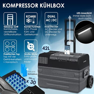 Автомобільний компресорний холодильник KESSER 42L з Wi-Fi, 12/24/230V. Морозильна камера до -20°C, колеса, телескопічна ручка для кемпінгу, фургону, вантажівки + 2 акумулятори холоду