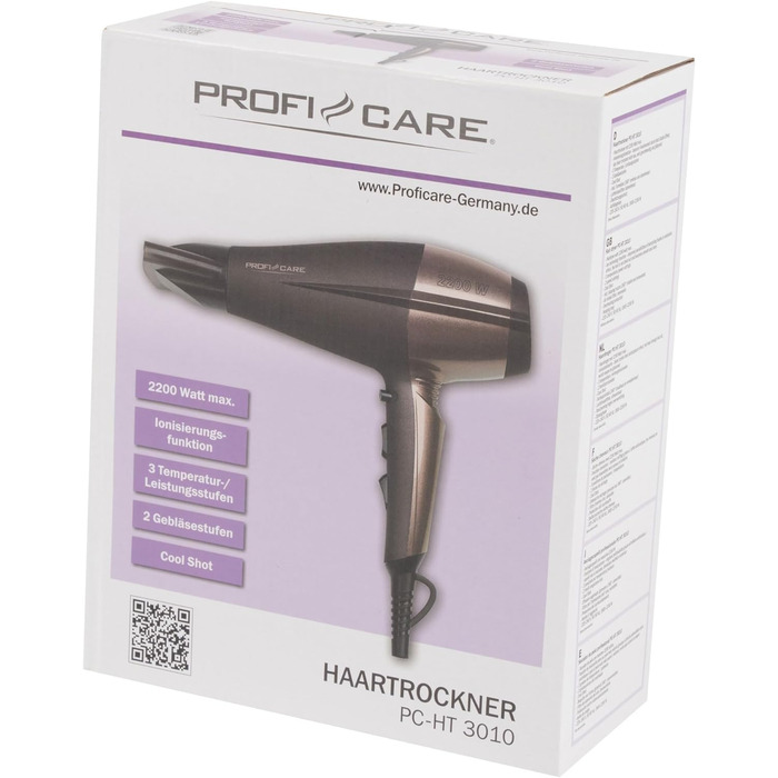 Фен ProfiCare PC-HT 3010, 2200 Вт, іонізація, 3 температурні режими, 2 швидкості, холодний обдув, 360° насадка, коричневий