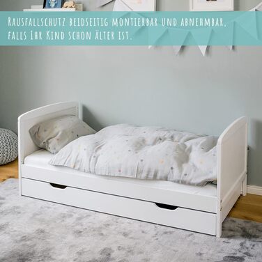 Дитяче ліжко Kids Collective 70x140 см з матрацом, висувною шухлядою, рейковим дном і бортиком безпеки, біле, з ящиком для білизни, виготовлене в Європі, для дітей до 6 років