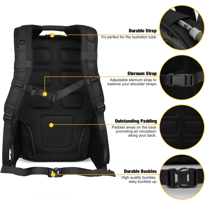 Mardingtop тактичний військовий рюкзак 40л з MOLLE, чорний, для туризму, походів і кемпінгу