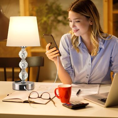 Настільна лампа Kakanuo з димером, 2 шт, кришталева, USB-A+C, LED, сучасна, білий текстильний абажур, для спальні, вітальні, офісу, готелю, 37 см