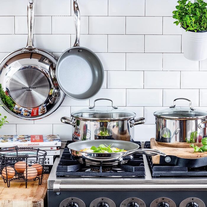 GreenChef Profile Plus каструля з антипригарною керамікою та нержавіючої сталі, 18 см, 2,1 л, з кришкою із загартованого скла, без PFAS, для індукції, жаростійка до 200°C, срібляста