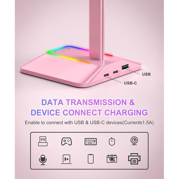 Підставка для навушників New Bee з RGB-підсвіткою, USB Type-C зарядкою та передачею даних, універсальна стійка для геймерських гарнітур, рожева