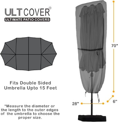 Чохол для парасольки террасної ULTCOVER 600D водонепроникний, до 365 см (подвійний, чорний)